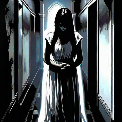 Prompt: concept art of a dark and steamy entity (((putting its hands around the neck of a young girl))) in a corridor, the girl is highly realisting and wears a white nightdress and her face expresses fear and suffering, the entity is threatening, dark, gothic, perfect lightning, accurate anatomy, very fine details, intricate scene, symmetrical facial features, gloomy, highly realistic, trending on Artstation and Unreal Engine, 4K