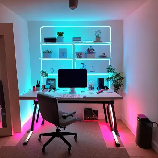 Prompt: An neon light studio with a desk and a laptop
