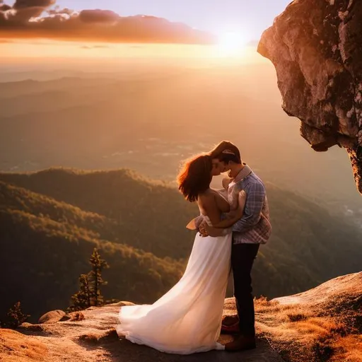 Prompt: couple kissing on mountain sunset realistic