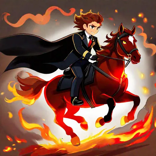 Prompt: Caleb  as a police officer (brown hair) (brown eyes) wearing a tuxedo, full body, riding a (demon horse, glowing red eyes, black coat, firey mane, and tail) running through hell