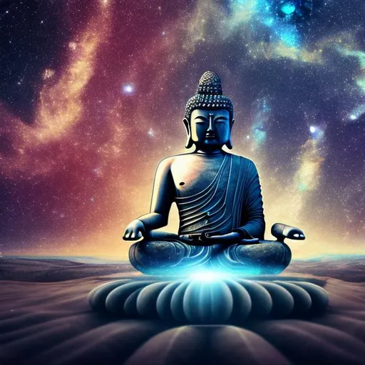 Prompt: labradorite buddha, widescreen, infinity vanishing point, galaxy background
