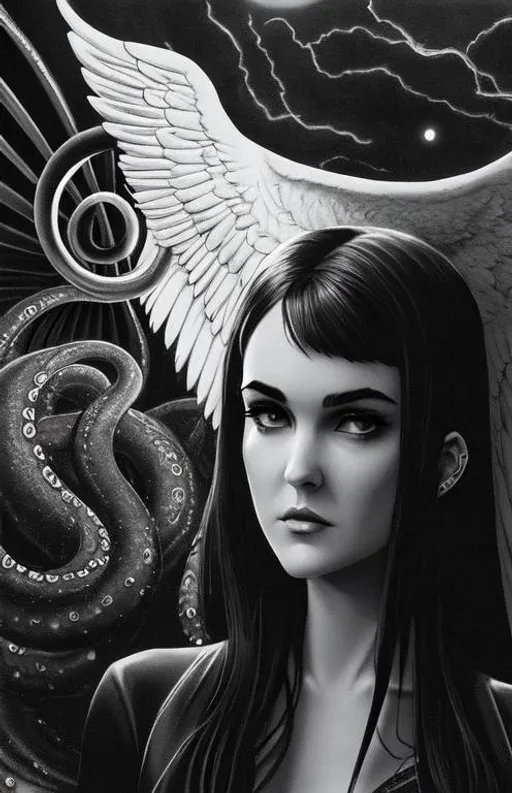 Prompt: sasha grey, winona ryder, apocalypse, occult, lovecraft, haunted, guardian angel, tentacles, baphomet