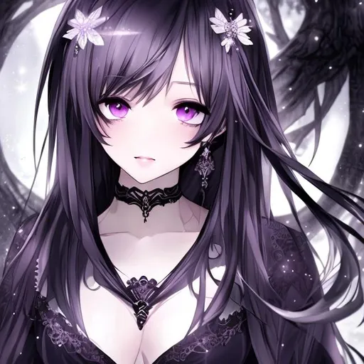 Prompt: draws in anime version a beautiful and dark girl, the
 dark princess resides in a macabre and scary castle, her black hair is poorly maintained, her purple and tight dress bright and ultra detailed, sad and dull face sad and gloomy eyes, super detailed and amazing drawings best quality and hd
{big}{big breasts}{hot}{big}