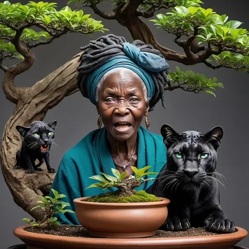 Prompt: African old lady witch, her body cloth with green leave , blue eyes, wrinkled furious face and giant bonsai tree coming from her head , birds on the bonsai, in front her a black panther with mouth wide open showing its teeth.