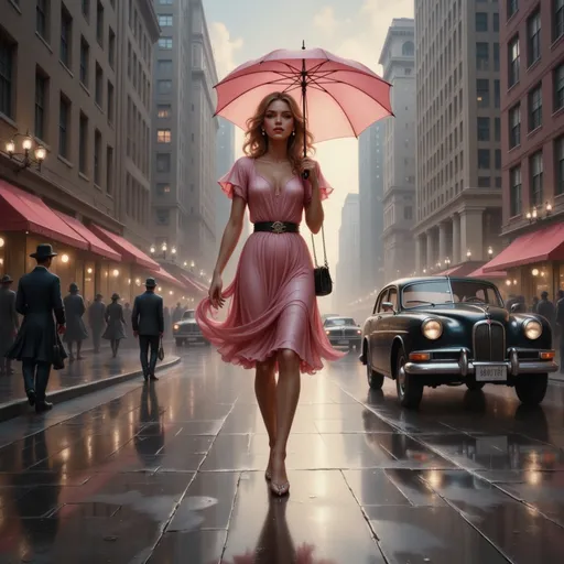 Prompt: a woman in a dress holding a  umbrella walking in the rain on a city street with cars, Art Frahm, american scene painting, kinkade, an art deco painting