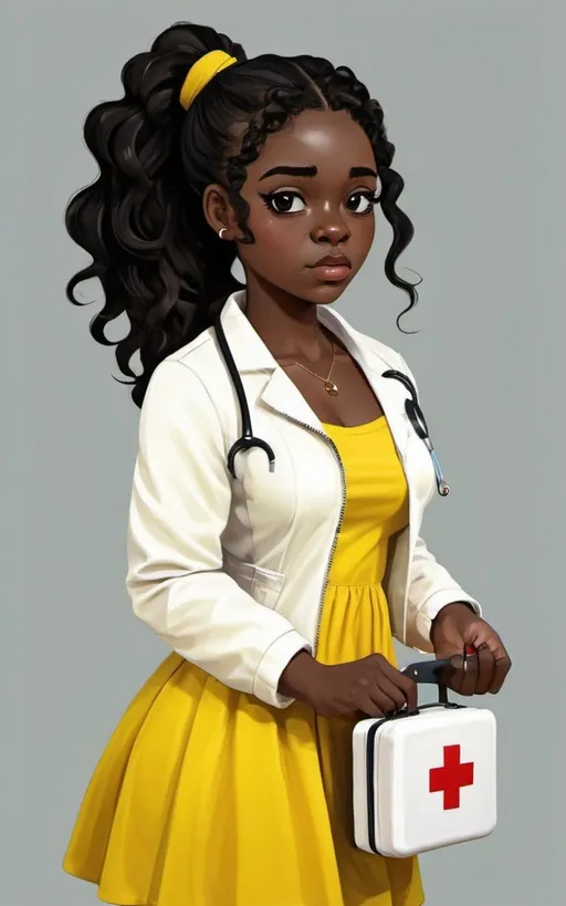 Prompt: Digital art of a black woman with wavy black hair in pigtails, dark skin, shy, wearing a yellow dress, white leggings and white jacket, holding a first aid kit, in the style of digital art, 