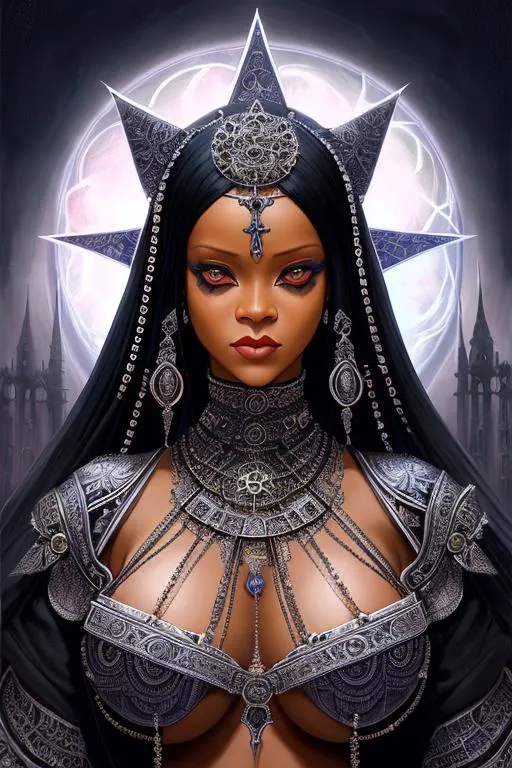 Prompt: symmetrical, close-up portrait (((((rihanna))))), beautiful, intricate, magical, sacred, grim frightening goddess of death and destruction, cathedral of dark forces, a black cult, the occult, sacred art, Hindu symbols, magical cyber clothes of a death priest, best artwork by Andrew Ferez by Dan Seagrave by Bob Eggleton by Dan Mumford by Jody Bergsma by Andrew Ferez by Anton Pieck by Bruce Pennington,  divine chaos engine, symbolist, visionary, art nouveau, sci-fi gothic fractal structures, organic, detailed, realistic, surreality, 