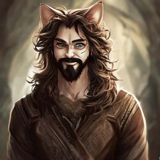 Prompt: a feline therianthropic creature, male, middle age, ISTJ-A personality, shoulder length wavy hair, full face beard, brown hair, dark brown eyes, fit body, nomad clothes, childish grin, realistic