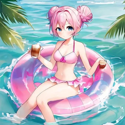 Prompt: A girl with pink hair 1 piece light blue bathing suit sitting in a raft that is pink with a high bun in her hair and holding ice tea and laing down on the raft with one leg on the raft on one in the warter