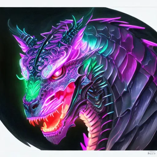 Prompt: portrait of a roaring neon skeleton dragon with fangs and iridescent black markings and a cute face, facing forwards, perfect composition, watercolor on paper with pencils, hyperrealistic, super detailed, 8k, high quality, trending art, trending on artstation, sharp focus, studio photo, intricate details, highly detailed