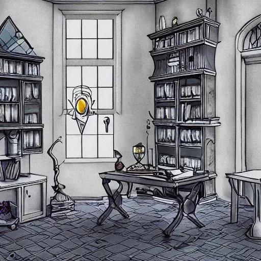 Prompt: Realistic fantasy dnd, wizard study, black marble floor, drow, spiders, desk, tall windows, cabinet, plinths, crystal ball, divination tools

