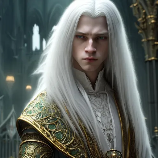 Prompt: Cinematic, 8K HD 3D portrait of beautiful albino male, portrait of noble strong wizard, pale beautiful face, grey stunning eyes, extra long white straight hair, elegant green wizard clothes, intricate, detailed, charming male, light contrast, noble, perfect anatomy, gothic dark room ambient, perfect male beauty, golden ratio