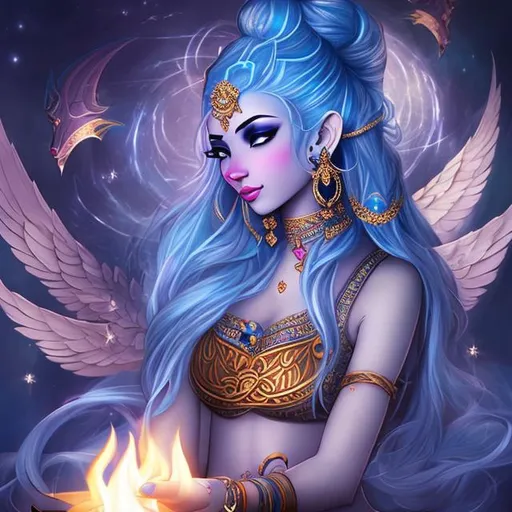 Prompt: Female blue skinned djinn, black haired, kneeling, well endowed, topknot granting , wishes drawn , fantasy style, clothed