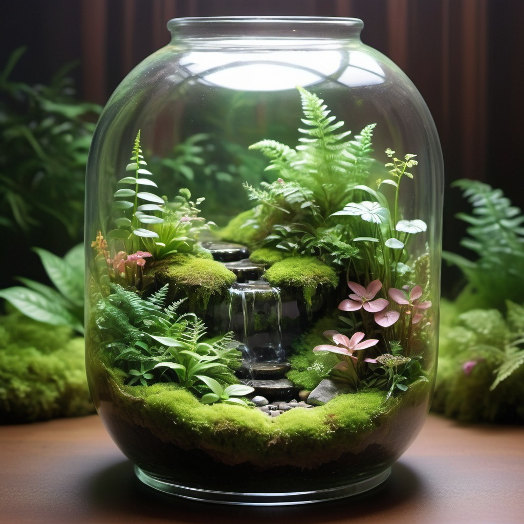 Closed glass terrarium encasing a miniature lush gr