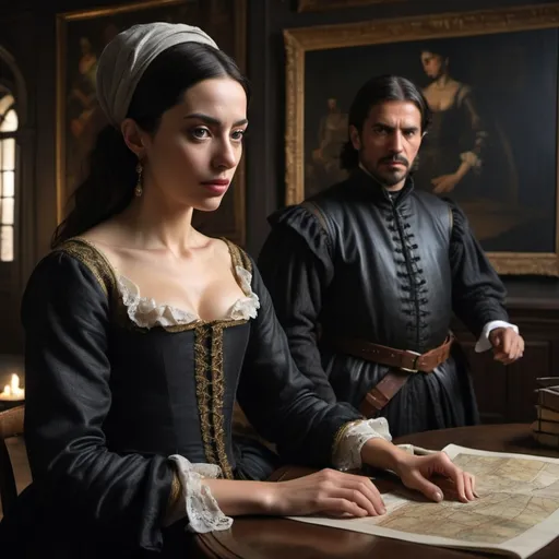 Prompt: "Ana de Mendoza, a woman with an eye patch on her right eye, involved in clandestine political intrigue, meeting with Antonio Pérez in a dimly lit room filled with documents and maps, dressed in subtle, dark attire, conveying secrecy and tension, with a backdrop of the shadowy, sophisticated interior of a 16th-century Spanish palace, hyper-realistic, photo realism, cinematography --ar 9:16"