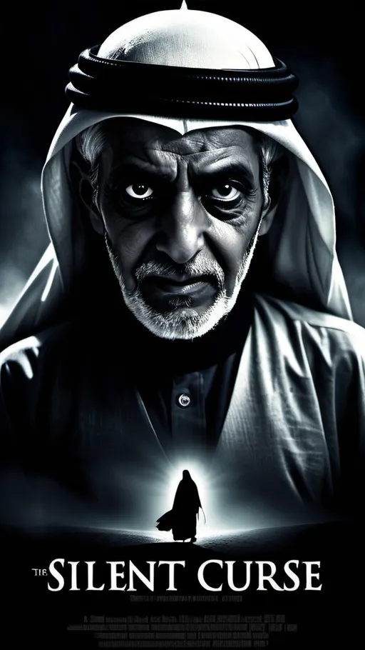 Prompt: (movie poster, "The Silent Curse", (Emirati man) swindler old man in traditional Emirati dress, (supernatural appearance), dark, ominous atmosphere, ( midnight black hues), haunting expressions, (sinister grin), a 2 kids in the background, shrouded in darkness, chilling silhouettes, tense mood, ultra-detailed, captivating yet frightening composition, perfect for a horror movie.