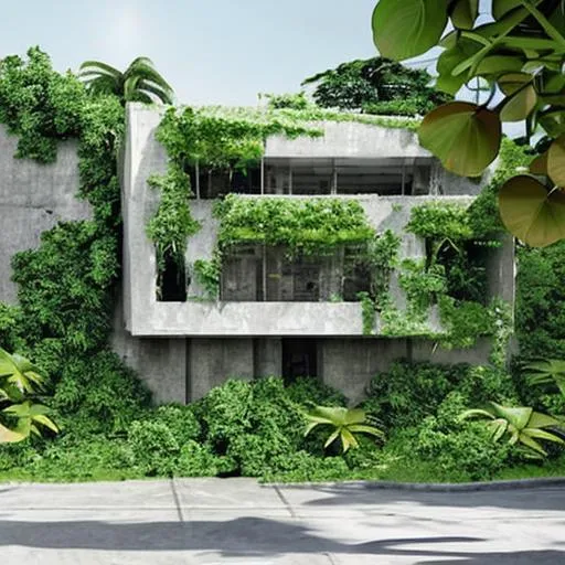 Prompt: Overgrown concrete house with tropical plants photorealistic