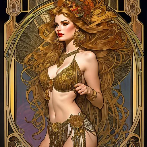 Prompt: Amazonian queen, scared, golden hair, exotic, beautiful, Alphonse Mucha, j. Scott Campbell, Joyce ballantyne 