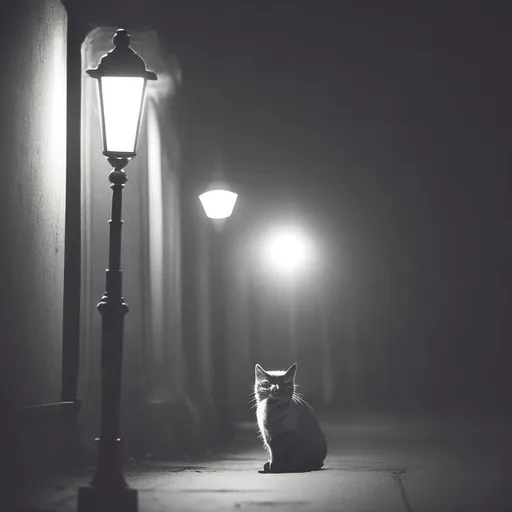 Cat sitting under a street lamp in film noir style
