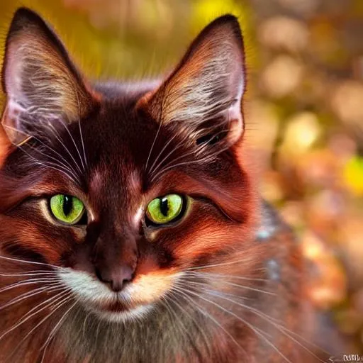 Prompt: Realistic dark red russet cat in forest, shadows, lighting, detailed fur, brown orange hazel eyes, fullbody