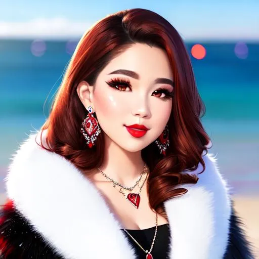 Pokimane, red lipstick, snowy beach, red heart neckl...