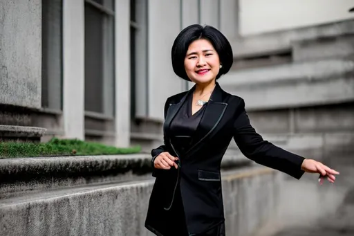 Prompt: old woman, aging, southeast asia, ultra realistic, fall, head to toe, black long hair, detailed outfit, Blazer, purple oufit, fashionable, model, dynamic pose, dynamic angle, full body, standing, zoom out, full portrait