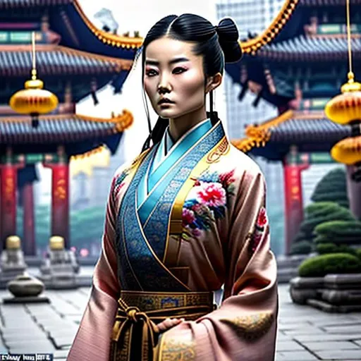 Prompt: A captivating image emerges - an Asian woman donning a unique fusion of Eastern and Western attire. Her necktie adds a touch of formality, while her overcoat robe resembles a traditional Hanfu. She radiates strength, resembling a modern-day terra cotta warrior. The scene is set amidst the backdrop of domed buildings, evoking a realistic and picturesque landscape. The photograph captures the essence of this intriguing blend, inviting viewers to delve deeper into the fusion of cultures.
