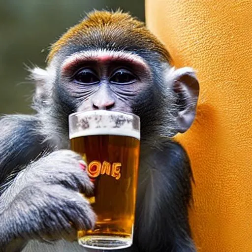 Prompt: Monkey drinking beer