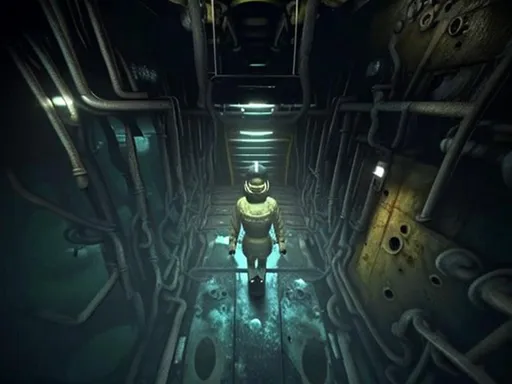 Prompt: Dark hallway on the submarine with many doors