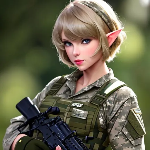 Prompt: Short haired Taylor swift as an elf modern military camo, cute, innocent, flawless face and skin, pretty, full body, high resolution,