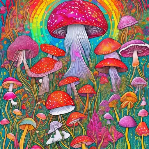 Prompt: Psychedelic illustration of fairies, rainbow mushrooms, garden and flowers 
