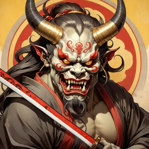 Prompt: a Japanese demon (oni) with black and red face, yellow eyes and long fangs, holding a Japanese sword (katana)