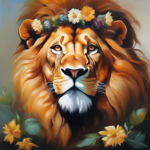 Prompt: (masterpiece, thick oil painting, Dungeons & Dragons, best quality), beautiful portrait of a majestic & noble Lion, deity [sun god], peacefully smiling, staring out into the distance, wearing a flower wreath,