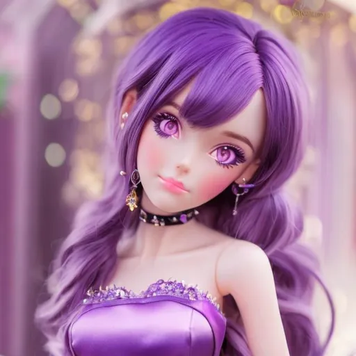 Prompt: An anime girl with semi realistic anime eyes ,purple hair and wearing barbie purple gown 
