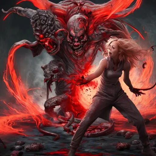 Prompt: woman getting killed by a demon from the void with blood on the ground