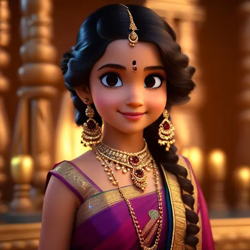 Prompt: A still from a 3d movie of Disney Indian little girl with dark brown long wavy hair. Wearing black saree, jhumka earrings, temple in the background, 3d blender render, Pixar inspired, Disney, clear detailed beautiful face, brown eyes, adorable. Spring vibes. 8k octane render unreal engine, surrealism
