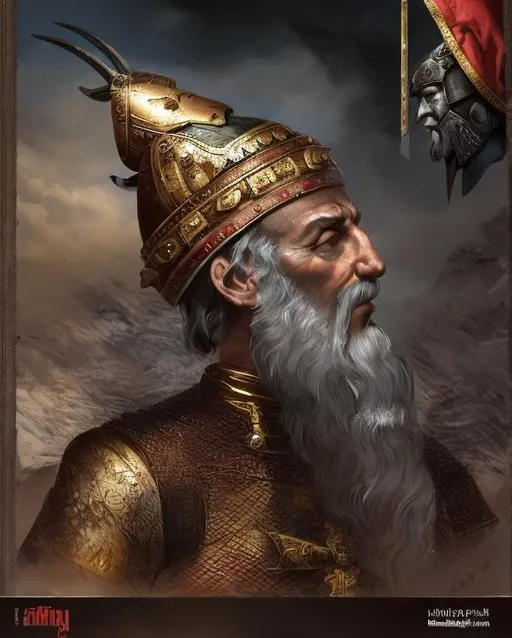 Prompt: portrait of Skanderbeg in profile, while he is wearing his historical helmet, base it on the image I uploaded 