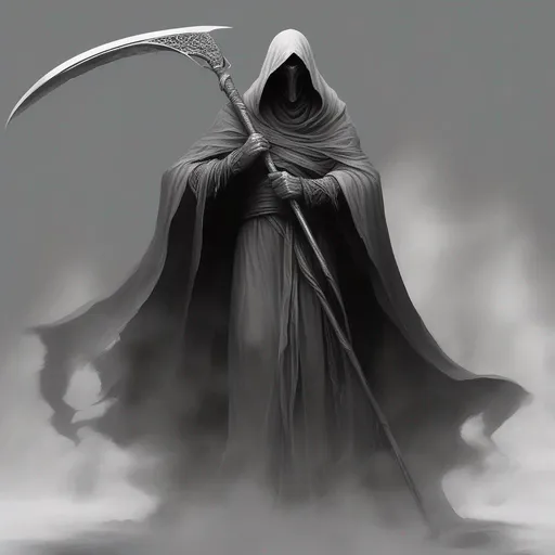 Prompt: Grey scale image of a wraith  in flowing robes with a scythe that has a misty blade, very realistic style. 