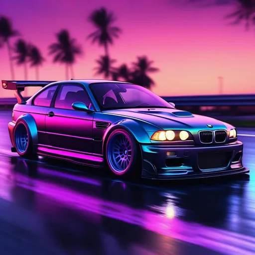 Prompt: 2001 BMW M3 E46 GTR, synthwave, aesthetic cyberpunk, miami, highway, dusk, neon lights, coastal highway, dusk, neon lights, coastal highway, sunset, drift, nurburgring, water on the road, blade runner, 8k, watercolor, macro sharp focus, 8