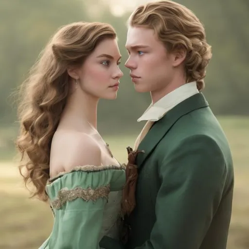 Prompt: Lady with brown hair and green eyes and a man with blond wavy hair and blue eyes. In style of Bridgerton.