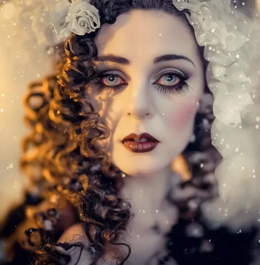 Prompt: victorian vampire , curly hair, glamorous dress and heels, thorns, Beautiful eyes, snow