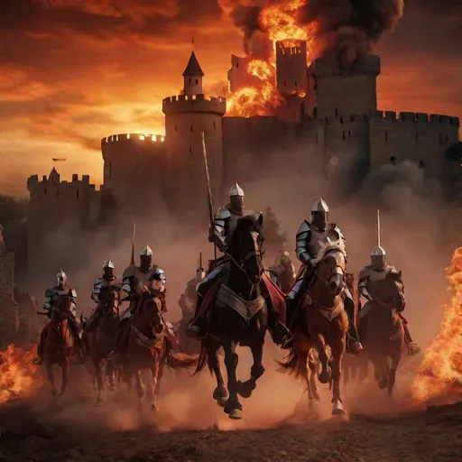 Prompt: (masterpiece, 8K, UHD, photorealistic:1.3), a group of brave knights fleeing a burning castle, they ride at full speed, flames are licking their backs, the sky is red and orange, smoke rising from the castle , the knights are in danger, but they are determined to escape, red and orange sky, smoke rising from the castle, the knights are in danger, but they are determined to escape