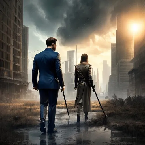 Prompt: {highly detailed, masterpiece, 4k hdr}. a Man wearing a nice business suit, wielding a spear. wandering through a post-apocalypse city, walking in the rain,