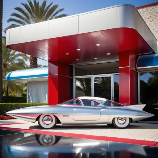 Prompt: retro-futuristic turbine powered car, 1960s, silver red & blue metallic, two-door, bubble canopy, tail fins, whitewall tires, parked under the porte cochere of a fancy high-end club, daylight, high-res, professional photo, retro-futuristic, metallic sheen, vintage design, luxury club, classic car, detailed reflections, sleek lines, upscale, daylight, vibrant colors, colorful landscaping, paver driveway