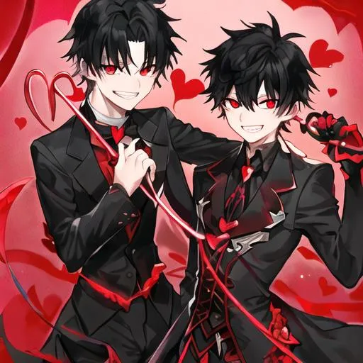 Prompt: Damien (male, short black hair, red eyes) grinning seductively, holding a whip, hearts around him
