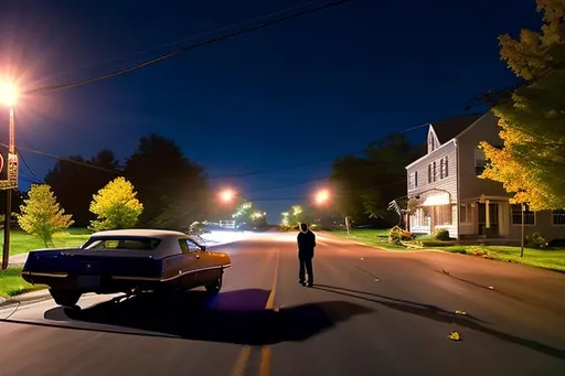 Prompt: An intersection in Pittsfield, Massachusetts of a car stopped,  its driver door open, and a passenger seated. In the style of Gregory Crewdson.