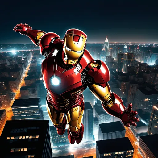 Prompt: Iron Man flying over a cityscape at night.