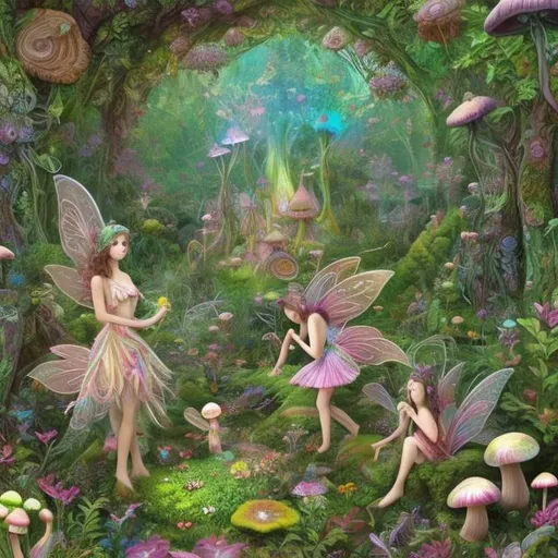 Prompt: Psychedelic fairies with greenery garden, Little colorful flowers everywhere, and tiny mushrooms 