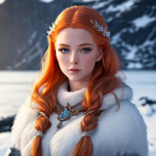 Prompt: masterpiece intricate hyperdetailed elaborate Norwegian young redhead woman, snowy, icy, Nordic, Viking, fjord-filled, legendary, historic, pretty, young, beautiful, charming, graceful, lovely, cute, attractive, elegant, stunning, radiant, sun, daylight, gloom, sun rays