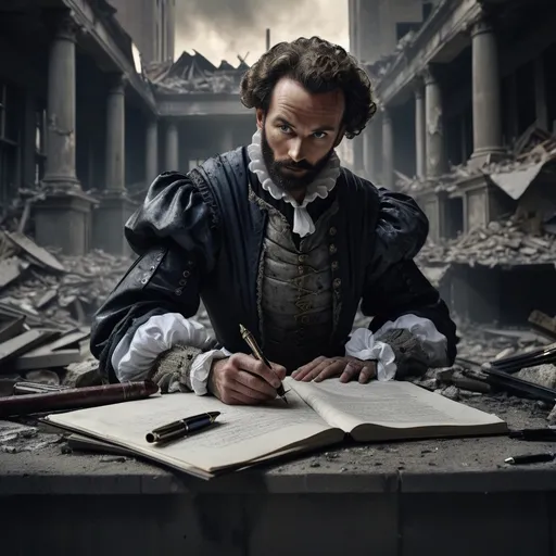 Prompt: Sir Walter Raleigh, holding a fountain pen, symbolizing a security compliance auditor, (justice scales) in one hand, ominous presence amidst the rubble of a destroyed building, dark and moody atmosphere, dramatic shadows, muted colors with splashes of metallic tones, urban decay background, conveys a sense of authority and foreboding, high detail, 4K quality.